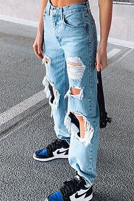 US$ $15.49 - Sexy Ripped Long Sleeve Straight Denim - Vogue Rose