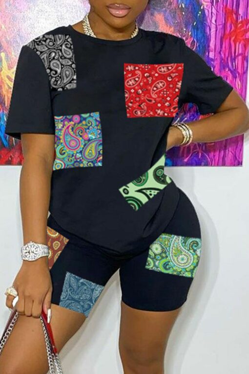 Casual Print Split Joint O Neck Short Sleeve Two Pieces - Image 2