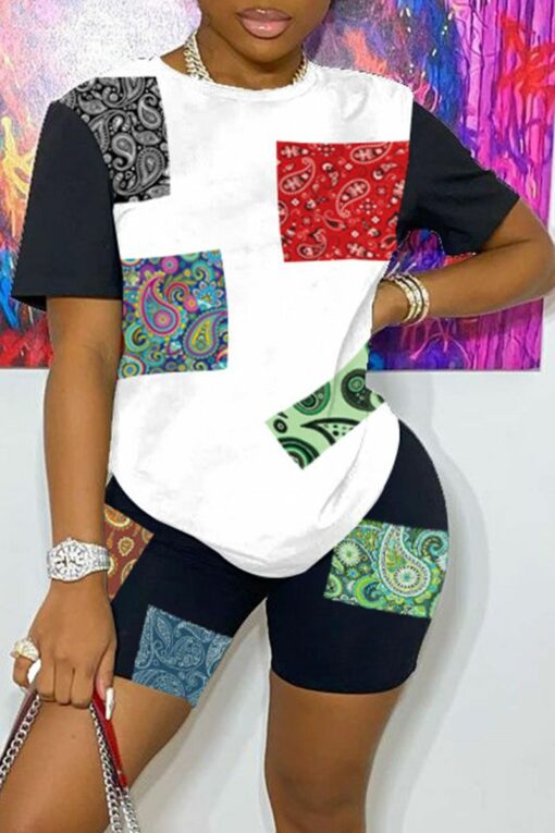 Casual Print Split Joint O Neck Short Sleeve Two Pieces