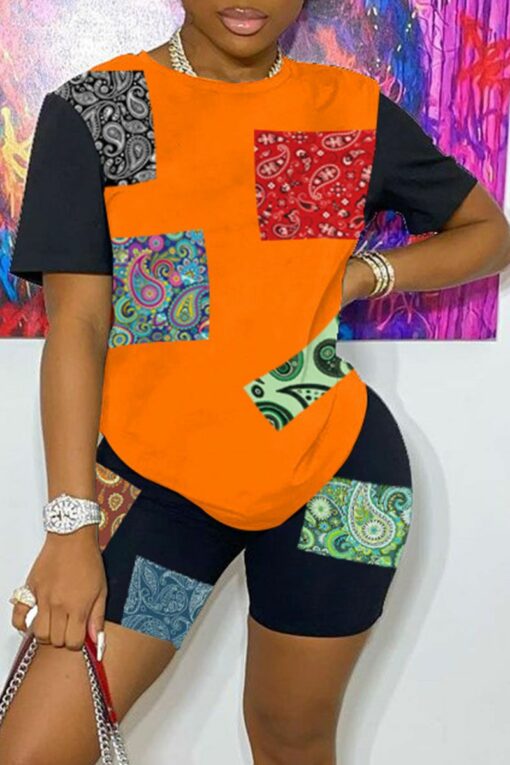 Casual Print Split Joint O Neck Short Sleeve Two Pieces - Image 3